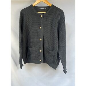 Anrabess Women's Knit Cardigan‎ Sweater Black Gold Buttons Pockets Size L